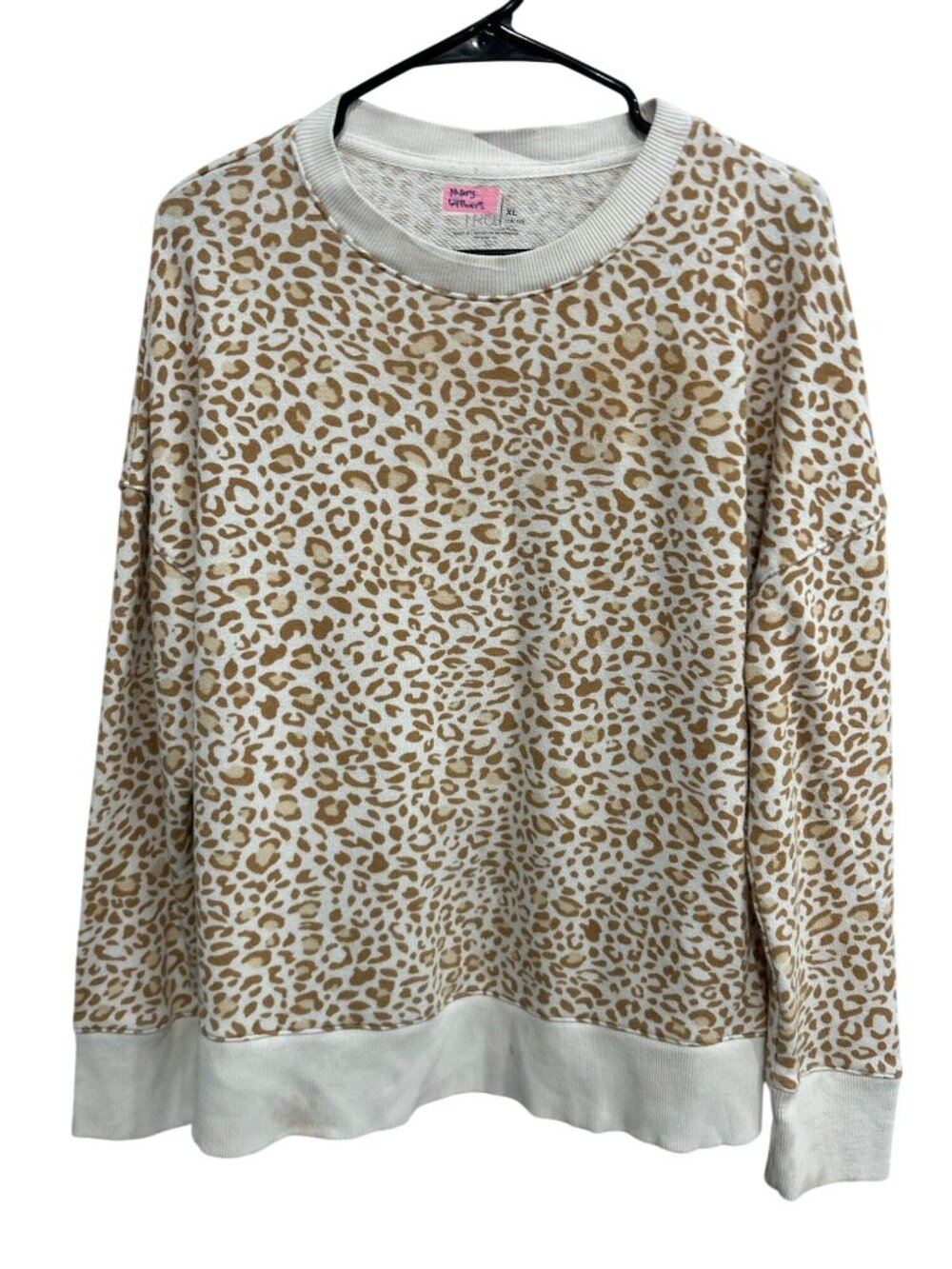 Time and Tru XL Beige Crewneck Sweatshirt Leopard Print Pullover Retro Cozycore